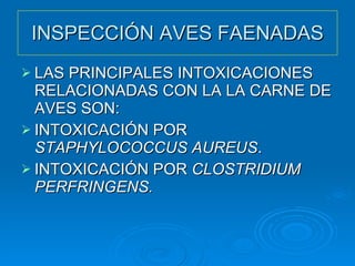 INSPECCIÓN AVES FAENADAS LAS PRINCIPALES INTOXICACIONES RELACIONADAS CON LA LA CARNE DE AVES SON: INTOXICACIÓN POR  STAPHYLOCOCCUS AUREUS . INTOXICACIÓN POR  CLOSTRIDIUM PERFRINGENS. 