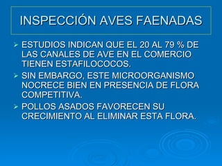 INSPECCIÓN AVES FAENADAS ESTUDIOS INDICAN QUE EL 20 AL 79 % DE LAS CANALES DE AVE EN EL COMERCIO TIENEN ESTAFILOCOCOS. SIN EMBARGO, ESTE MICROORGANISMO NOCRECE BIEN EN PRESENCIA DE FLORA COMPETITIVA. POLLOS ASADOS FAVORECEN SU CRECIMIENTO AL ELIMINAR ESTA FLORA. 