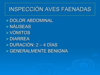 INSPECCIÓN AVES FAENADAS DOLOR ABDOMINAL NÁUSEAS VÓMITOS DIARREA DURACIÓN: 2 – 4 DÍAS GENERALMENTE BENIGNA 