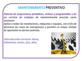 MANTENIMIENTO PREVENTIVO
Sistema de inspecciones periódicas, cíclicas y programadas y de
un servicio de trabajos de mantenimiento previsto como
necesario
Aplica a todas las instalaciones, máquinas o equipos, con el fin de
disminuir los casos de emergencias y permitir un mayor tiempo
de operación en forma continúa.
Intervalo entre servicios: Horas,
Kilómetros, meses, días, años.
 