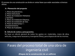Fases del proceso total de una obra de
ingeniería civil
El proceso de una construcción se divide en varias fases que están asociadas a diversos
oficios:
A.- Planeación del proyecto
1.-Plano Arquitectónico.
2.-Plano Estructural.
3.-Plano de Instalación Hidráulica
y Sanitaria.
4.-Plano de Instalación Eléctrica.
5.-Plano de Instalación de Gas.
6.-Plano de Elementos 7.-
Complementarios.
8.-Plano de Acabados.
B.-Cálculo de costos y presupuestos.
Se hace un cálculo general de todos los gastos en: materiales, mano de obra,
artículos, maquinaria necesaria y transporte (flete); para disposición de los mismos.
(Etapas de la construcción de un edificio)
 