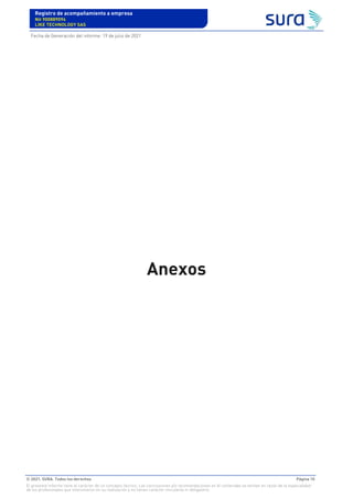 Anexos
Registro de acompañamiento a empresa
Nit 900889094
LIKE TECHNOLOGY SAS
Fecha de Generación del informe: 19 de julio de 2021
© 2021. SURA. Todos los derechos Página 10
El presente informe tiene el carácter de un concepto técnico. Las conclusiones y/o recomendaciones en él contenidas se emiten en razón de la especialidad
de los profesionales que intervinieron en su realización y no tienen carácter vinculante ni obligatorio.
 