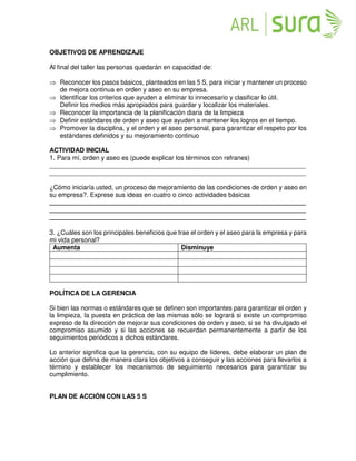 OBJETIVOS DE APRENDIZAJE
Al final del taller las personas quedarán en capacidad de:
 Reconocer los pasos básicos, planteados en las 5 S, para iniciar y mantener un proceso
de mejora continua en orden y aseo en su empresa.
 Identificar los criterios que ayuden a eliminar lo innecesario y clasificar lo útil.
Definir los medios más apropiados para guardar y localizar los materiales.
 Reconocer la importancia de la planificación diaria de la limpieza
 Definir estándares de orden y aseo que ayuden a mantener los logros en el tiempo.
 Promover la disciplina, y el orden y el aseo personal, para garantizar el respeto por los
estándares definidos y su mejoramiento continuo
ACTIVIDAD INICIAL
1. Para mí, orden y aseo es (puede explicar los términos con refranes)
________________________________________________________________________
________________________________________________________________________
¿Cómo iniciaría usted, un proceso de mejoramiento de las condiciones de orden y aseo en
su empresa?. Exprese sus ideas en cuatro o cinco actividades básicas
________________________________________________________________________
________________________________________________________________________
________________________________________________________________________
3. ¿Cuáles son los principales beneficios que trae el orden y el aseo para la empresa y para
mi vida personal?
Aumenta Disminuye
POLÍTICA DE LA GERENCIA
Si bien las normas o estándares que se definen son importantes para garantizar el orden y
la limpieza, la puesta en práctica de las mismas sólo se logrará si existe un compromiso
expreso de la dirección de mejorar sus condiciones de orden y aseo, si se ha divulgado el
compromiso asumido y si las acciones se recuerdan permanentemente a partir de los
seguimientos periódicos a dichos estándares.
Lo anterior significa que la gerencia, con su equipo de líderes, debe elaborar un plan de
acción que defina de manera clara los objetivos a conseguir y las acciones para llevarlos a
término y establecer los mecanismos de seguimiento necesarios para garantizar su
cumplimiento.
PLAN DE ACCIÓN CON LAS 5 S
 