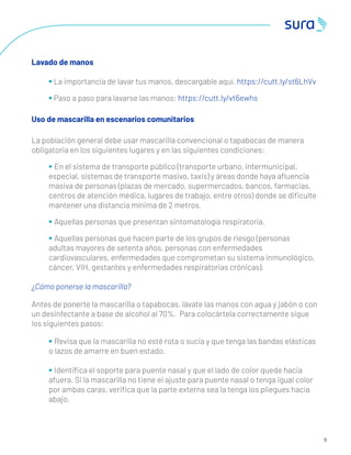 9
Lavado de manos
• La importancia de lavar tus manos, descargable aquí. https://cutt.ly/st6LhVv
• Paso a paso para lavarse las manos: https://cutt.ly/vt6ewhs
Uso de mascarilla en escenarios comunitarios
La población general debe usar mascarilla convencional o tapabocas de manera
obligatoria en los siguientes lugares y en las siguientes condiciones:
• En el sistema de transporte público (transporte urbano, intermunicipal,
especial, sistemas de transporte masivo, taxis) y áreas donde haya aﬂuencia
masiva de personas (plazas de mercado, supermercados, bancos, farmacias,
centros de atención médica, lugares de trabajo, entre otros) donde se diﬁculte
mantener una distancia mínima de 2 metros.
• Aquellas personas que presentan sintomatología respiratoria.
• Aquellas personas que hacen parte de los grupos de riesgo (personas
adultas mayores de setenta años, personas con enfermedades
cardiovasculares, enfermedades que comprometan su sistema inmunológico,
cáncer, VIH, gestantes y enfermedades respiratorias crónicas).
¿Cómo ponerse la mascarilla?
Antes de ponerte la mascarilla o tapabocas, lávate las manos con agua y jabón o con
un desinfectante a base de alcohol al 70%. Para colocártela correctamente sigue
los siguientes pasos:
• Revisa que la mascarilla no esté rota o sucia y que tenga las bandas elásticas
o lazos de amarre en buen estado.
• Identiﬁca el soporte para puente nasal y que el lado de color quede hacia
afuera. Si la mascarilla no tiene el ajuste para puente nasal o tenga igual color
por ambas caras, veriﬁca que la parte externa sea la tenga los pliegues hacia
abajo.
 
