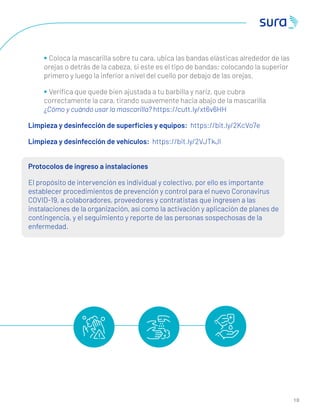 1 0
• Coloca la mascarilla sobre tu cara, ubica las bandas elásticas alrededor de las
orejas o detrás de la cabeza, si este es el tipo de bandas; colocando la superior
primero y luego la inferior a nivel del cuello por debajo de las orejas.
• Veriﬁca que quede bien ajustada a tu barbilla y nariz, que cubra
correctamente la cara, tirando suavemente hacia abajo de la mascarilla
¿Cómo y cuándo usar la mascarilla? https://cutt.ly/xt6v6HH
Limpieza y desinfección de superﬁcies y equipos: https://bit.ly/2KcVo7e
Limpieza y desinfección de vehículos: https://bit.ly/2VJTkJl
Protocolos de ingreso a instalaciones
El propósito de intervención es individual y colectivo, por ello es importante
establecer procedimientos de prevención y control para el nuevo Coronavirus
COVID-19, a colaboradores, proveedores y contratistas que ingresen a las
instalaciones de la organización, así como la activación y aplicación de planes de
contingencia, y el seguimiento y reporte de las personas sospechosas de la
enfermedad.
3
1 0
 