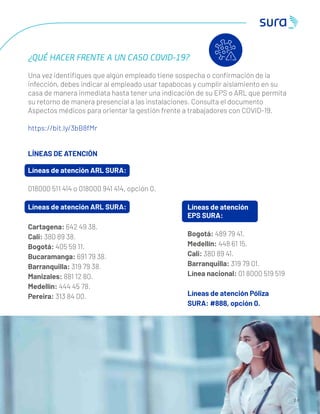 2 8
Líneas de atención
EPS SURA:
Bogotá: 489 79 41.
Medellín: 448 61 15.
Cali: 380 89 41.
Barranquilla: 319 79 01.
Línea nacional: 01 8000 519 519
Líneas de atención Póliza
SURA: #888, opción 0.
¿QUÉ HACER FRENTE A UN CASO COVID-19?
Una vez identiﬁques que algún empleado tiene sospecha o conﬁrmación de la
infección, debes indicar al empleado usar tapabocas y cumplir aislamiento en su
casa de manera inmediata hasta tener una indicación de su EPS o ARL que permita
su retorno de manera presencial a las instalaciones. Consulta el documento
Aspectos médicos para orientar la gestión frente a trabajadores con COVID-19.
https://bit.ly/3bB8fMr
LÍNEAS DE ATENCIÓN
Líneas de atención ARL SURA:
018000 511 414 o 018000 941 414, opción 0.
Líneas de atención ARL SURA:
Cartagena: 642 49 38.
Cali: 380 89 38.
Bogotá: 405 59 11.
Bucaramanga: 691 79 38.
Barranquilla: 319 79 38.
Manizales: 881 12 80.
Medellín: 444 45 78.
Pereira: 313 84 00.
 