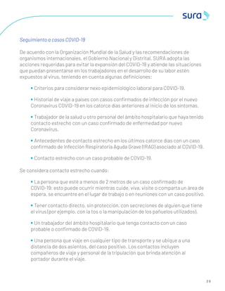 2 9
Seguimiento a casos COVID-19
De acuerdo con la Organización Mundial de la Salud y las recomendaciones de
organismos internacionales, el Gobierno Nacional y Distrital, SURA adopta las
acciones requeridas para evitar la expansión del COVID-19 y atiende las situaciones
que puedan presentarse en los trabajadores en el desarrollo de su labor estén
expuestos al virus, teniendo en cuenta algunas deﬁniciones:
• Criterios para considerar nexo epidemiológico laboral para COVID-19.
• Historial de viaje a países con casos conﬁrmados de infección por el nuevo
Coronavirus COVID-19 en los catorce días anteriores al inicio de los síntomas.
• Trabajador de la salud u otro personal del ámbito hospitalario que haya tenido
contacto estrecho con un caso conﬁrmado de enfermedad por nuevo
Coronavirus.
• Antecedentes de contacto estrecho en los últimos catorce días con un caso
conﬁrmado de Infección Respiratoria Aguda Grave (IRAG) asociado al COVID-19.
• Contacto estrecho con un caso probable de COVID-19.
Se considera contacto estrecho cuando:
• La persona que esté a menos de 2 metros de un caso conﬁrmado de
COVID-19; esto puede ocurrir mientras cuide, viva, visite o comparta un área de
espera, se encuentre en el lugar de trabajo o en reuniones con un caso positivo.
• Tener contacto directo, sin protección, con secreciones de alguien que tiene
el virus (por ejemplo, con la tos o la manipulación de los pañuelos utilizados).
• Un trabajador del ámbito hospitalario que tenga contacto con un caso
probable o conﬁrmado de COVID-19.
• Una persona que viaje en cualquier tipo de transporte y se ubique a una
distancia de dos asientos, del caso positivo. Los contactos incluyen
compañeros de viaje y personal de la tripulación que brinda atención al
portador durante el viaje.
 