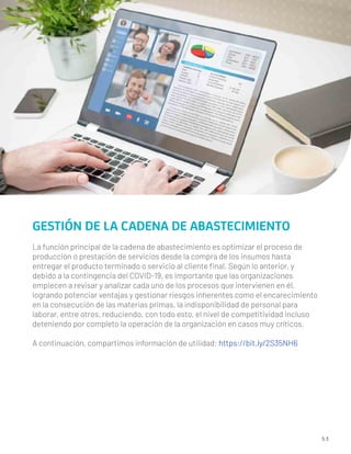 5 3
GESTIÓN DE LA CADENA DE ABASTECIMIENTO
La función principal de la cadena de abastecimiento es optimizar el proceso de
producción o prestación de servicios desde la compra de los insumos hasta
entregar el producto terminado o servicio al cliente ﬁnal. Según lo anterior, y
debido a la contingencia del COVID-19, es importante que las organizaciones
empiecen a revisar y analizar cada uno de los procesos que intervienen en él,
logrando potenciar ventajas y gestionar riesgos inherentes como el encarecimiento
en la consecución de las materias primas, la indisponibilidad de personal para
laborar, entre otros, reduciendo, con todo esto, el nivel de competitividad incluso
deteniendo por completo la operación de la organización en casos muy críticos.
A continuación, compartimos información de utilidad: https://bit.ly/2S35NH6
 