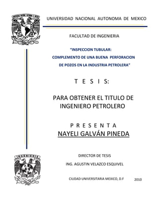 “INSPECCION TUBULAR
“INSPECCION TUBULAR:
COMPLEMENTO DE UNA BUENA PERFORACION
DE POZOS EN LA INDUSTRIA PETROLERA”
T E S I S:
PARA OBTENER EL TITULO DE
INGENIERO PETROLERO
P R E S E N T A
NAYELI GALVÁN PINEDA
UNIVERSIDAD NACIONAL AUTONOMA DE MEXICO
FACULTAD DE INGENIERIA
DIRECTOR DE TESIS
ING. AGUSTIN VELAZCO ESQUIVEL
CIUDAD UNIVERSITARIA MEXICO, D.F 2010
 