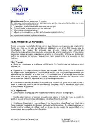 Ejercicio grupal: Tiempo aproximado 15 minutos.
En los grupos conformados, comenten las experiencias que los integrantes han tenido o no, en sus
empresas sobre los siguientes puntos:
¿La empresa ha aplicado listas de verificación, de qué tipo?
¿Los resultados de este proceso han sido positivos?
¿Con qué periodicidad se aplican?
¿Existe un proceso de reporte diario de factores de riesgo e incidentes?
En la plenaria se comentan experiencias exitosas
10. EL PROCESO DE LA INSPECCIÓN:
Existe en nuestro medio la tendencia a creer que efectuar una inspección es simplemente
hacer una visita de revisión de condiciones especiales a un área determinada, para la
identificación de riesgos. Sin embargo este proceso requiere ser administrado
eficientemente para lograr los resultados esperados. Lo anterior implica tener en cuenta las
siguientes etapas: preparar, inspeccionar, analizar la información y priorizar los problemas;
definir las acciones correctivas y preventivas, hacer seguimiento a la ejecución de las
mismas.
10.1. Preparar
• Definir un cronograma y un plan de trabajo específico que incluya los parámetros aquí
planteados.
• Ponerse en contacto con los supervisores o encargados de las zonas donde se realizarán
las inspecciones, para buscar su cooperación y permitir que se programe previamente a la
ejecución de la actividad. A su vez éste podrá colaborar con la corrección inmediata de
situaciones que así lo ameriten, o asumir compromisos mediatos de componer otras
situaciones que requieran de mayor recurso en tiempo y materiales.
• Establecer un sentido de orden al recorrido que se realizará, para evitar confusiones y
tener la certeza de hacer un barrido sistemático y completo a toda la instalación, sobre todo
cuando ésta es muy grande.
10.2. Inspeccionar
• Aplicar la lista de chequeo definida con anterioridad al proceso de inspección.
• Escriba observaciones al aspecto evaluado para aclarar el factor de riesgo o, resalte lo
positivo cuando encuentre algo satisfactorio y la situación así lo amerite.
• En algunas ocasiones es recomendable el uso de cámaras fotográficas o de vídeo, para
hacer registros visuales de condiciones particularmente llamativas. En estas situaciones se
tendrá máximo cuidado de utilizar flash en áreas de alto riesgo de explosividad o en
presencia de químicos altamente inflamables.
 
