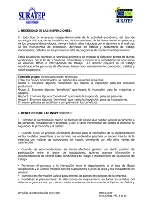 2. NECESIDAD DE LAS INSPECCIONES:
En todo tipo de empresas independientemente de la actividad económica, del tipo de
tecnología utilizada, de las instalaciones, de los materiales, de las herramientas empleadas y
de los procesos desarrollados, siempre habrá fallas inducidas por el deterioro o el mal uso
de los instrumentos de producción, derivados de hábitos y costumbres de trabajo
inadecuadas, de fallas en los procesos o falta de programas de mantenimiento preventivo.
Estas situaciones plantean la necesidad prioritaria de efectuar la detección precoz de dichas
condiciones, con el fin de corregirlas, controlarlas y minimizar la probabilidad de ocurrencia
de lesiones, daños o interrupciones del trabajo. Lo anterior requiere de un trabajo
coordinado entre personas de diferentes áreas como: mantenimiento, producción, calidad y
salud ocupacional.
Ejercicio grupal: Tiempo aproximado: 15 minutos.
Entre los grupos conformados se reparten las siguientes preguntas:
Grupo 1: Enumere algunos “beneficios” que traería la inspección para los procesos
productivos.
Grupo 2: Enumere algunos “beneficios” que traería la inspección para las máquinas y
equipos.
Grupo 3: Enumere algunos “beneficios” que traería la inspección, para las personas.
Grupo 4: Enumere algunos “beneficios” que traería la inspección, para las instalaciones.
En sesión plenaria se socializan y complementan los beneficios.
3. BENEFICIOS DE LAS INSPECCIONES:
• Permiten la identificación precoz de factores de riesgo que pueden afectar seriamente a
las personas, instalaciones y procesos, y por lo tanto incrementar los costos al disminuir la
seguridad, la producción y la calidad.
• Cuando existe un proceso claramente definido para la verificación de la implementación
de las medidas preventivas y correctivas, los empleados perciben un sincero interés de la
gerencia por mejorar las condiciones de trabajo, generando con ello altos niveles de
satisfacción.
• Cuando las recomendaciones se hacen efectivas generan un efecto positivo de
participación entre el grupo de trabajadores, quienes aportan información y
recomendaciones de control sobre condiciones de riesgo o mejoramiento de situaciones de
trabajo.
• Fomentan el contacto y la interacción entre el departamento o el área de Salud
Ocupacional y el Comité Paritario con los supervisores o jefes de área y los trabajadores en
general.
• Suministran información valiosa para orientar los planes estratégicos de la empresa.
• Posibilitan el planteamiento de alternativas de mejoramiento en todos los ámbitos del
sistema organizacional, ya que no están orientadas exclusivamente a tópicos de Salud y
 