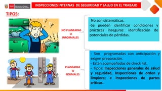 TIPOS:
- No son sistemáticas.
-Se pueden identificar condiciones y
prácticas inseguras: identificación de
potenciales de pérdidas.
- Son programadas con anticipación y
exigen preparación.
- Están acompañadas de check list.
- Tipos: Inspecciones generales de salud
y seguridad, Inspecciones de orden y
limpieza; e Inspecciones de partes
críticas.
INSPECCIONES INTERNAS DE SEGURIDAD Y SALUD EN EL TRABAJO
NO PLANEADAS
O
INFORMALES
PLANEADAS
O
FORMALES
 