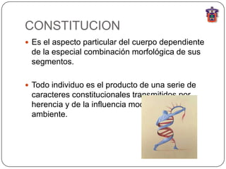CONSTITUCION
 Es el aspecto particular del cuerpo dependiente
 de la especial combinación morfológica de sus
 segmentos.

 Todo individuo es el producto de una serie de
 caracteres constitucionales transmitidos por
 herencia y de la influencia modificadora del
 ambiente.
 