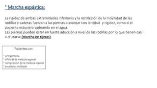 ° Marcha espástica: 
La rigidez de ambas extremidades inferiores y la restricción de la movilidad de las 
rodillas y caderas fuerzan a las piernas a avanzar con lentitud y rigidez, como si el 
paciente estuviera vadeando en el agua. 
Las piernas pueden estar en fuerte aducción a nivel de las rodillas por lo que tienen casi 
a cruzarse (marcha en tijeras). 
Pacientes con: 
° siringomelia 
° sífilis de la médula espinal 
° compresión de la médula espinal 
° esclerosis múltiple 
 