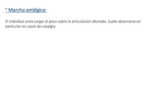 ° Marcha antálgica: 
El individuo evita cargar el peso sobre la articulación afectada. Suele observarse en 
particular en casos de coxalgia. 
