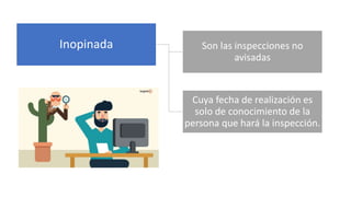 Inopinada Son las inspecciones no
avisadas
Cuya fecha de realización es
solo de conocimiento de la
persona que hará la inspección.
 