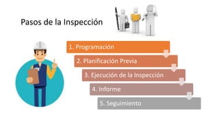 Pasos de la Inspección
1. Programación
2. Planificación Previa
3. Ejecución de la Inspección
4. Informe
5. Seguimiento
 