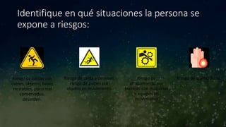 Identifique en qué situaciones la persona se
expone a riesgos:
Riesgo de caídas con
cables, objetos, bases
inestables, pisos mal
conservados,
desorden.
Riesgo de caída a desnivel,
riesgo de golpes por
objetos en movimiento.
Riesgo de
atrapamiento por
trabajos con máquinas
o equipos en
movimiento
Riesgo de quemaduras.
 