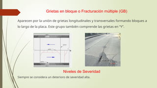 Grietas en bloque o Fracturación múltiple (GB)
Aparecen por la unión de grietas longitudinales y transversales formando bloques a
lo largo de la placa. Este grupo también comprende las grietas en “Y”.
Niveles de Severidad
Siempre se considera un deterioro de severidad alta.
 