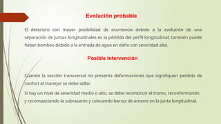 Evolución probable
El deterioro con mayor posibilidad de ocurrencia debido a la evolución de una
separación de juntas longitudinales es la pérdida del perfil longitudinal; también puede
haber bombeo debido a la entrada de agua en daño con severidad alta.
Posible Intervención
Cuando la sección transversal no presenta deformaciones que signifiquen perdida de
confort al manejar se debe sellar.
Si hay un nivel de severidad medio o alto, se debe reconstruir el tramo, reconformando
y recompactando la subrasante y colocando barras de amarre en la junta longitudinal.
 