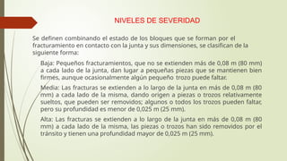 NIVELES DE SEVERIDAD
Se definen combinando el estado de los bloques que se forman por el
fracturamiento en contacto con la junta y sus dimensiones, se clasifican de la
siguiente forma:
 Baja: Pequeños fracturamientos, que no se extienden más de 0,08 m (80 mm)
a cada lado de la junta, dan lugar a pequeñas piezas que se mantienen bien
firmes, aunque ocasionalmente algún pequeño trozo puede faltar.
 Media: Las fracturas se extienden a lo largo de la junta en más de 0,08 m (80
mm) a cada lado de la misma, dando origen a piezas o trozos relativamente
sueltos, que pueden ser removidos; algunos o todos los trozos pueden faltar,
pero su profundidad es menor de 0,025 m (25 mm).
 Alta: Las fracturas se extienden a lo largo de la junta en más de 0,08 m (80
mm) a cada lado de la misma, las piezas o trozos han sido removidos por el
tránsito y tienen una profundidad mayor de 0,025 m (25 mm).
 