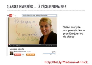 CLASSES INVERSÉES … À L’ÉCOLE PRIMAIRE ?
Vidéo envoyée
aux parents dès la
première journée
de classe
http://bit.ly/Madame-Annick
 