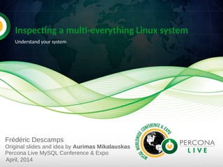 Inspecting a multi-everything Linux system
Understand your system
Frédéric Descamps
Original slides and idea by Aurimas Mikalauskas
Percona Live MySQL Conference & Expo
April, 2014
 