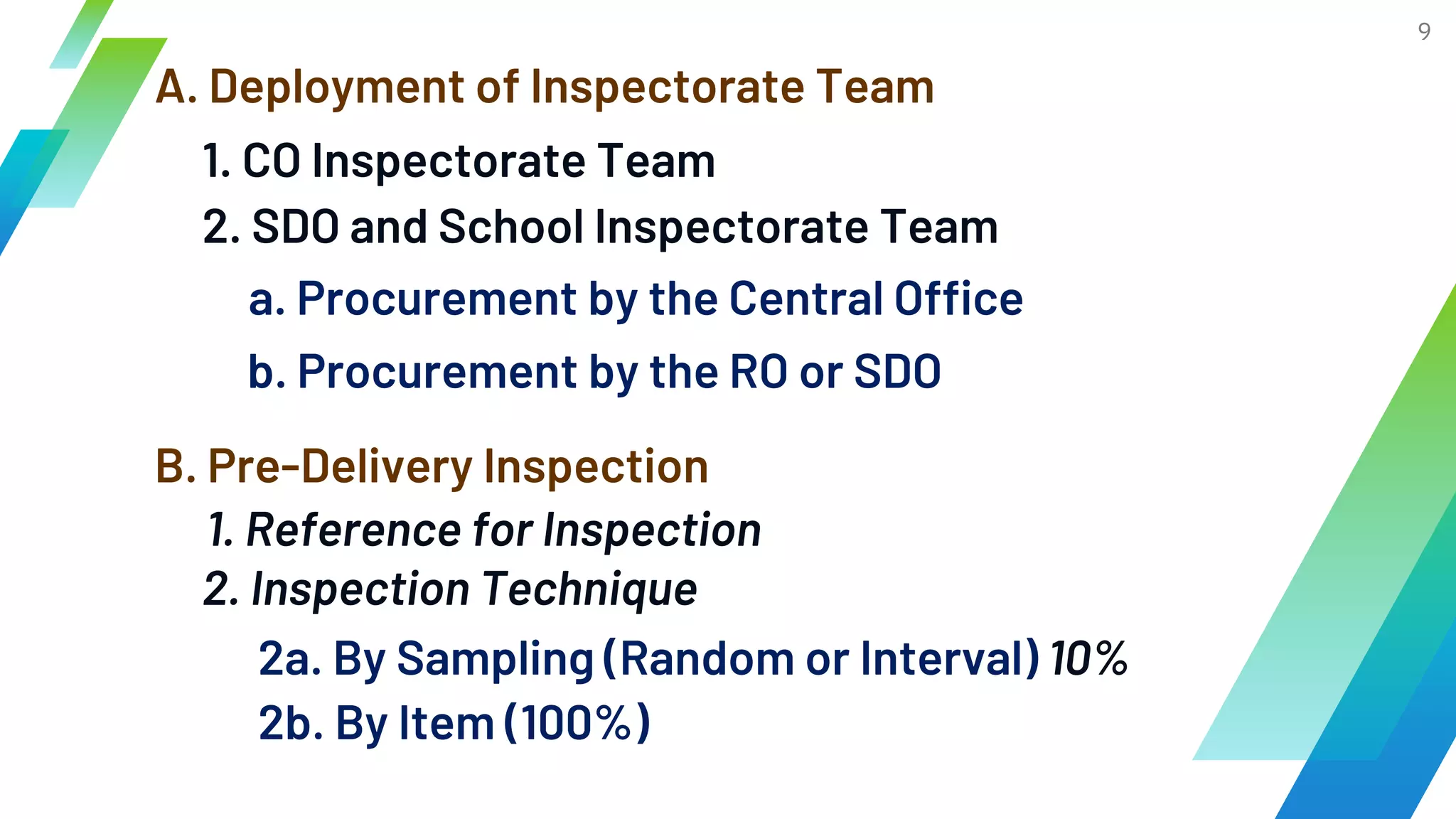 9
A. Deployment of Inspectorate Team
2. SDO and School Inspectorate Team
1. CO Inspectorate Team
a. Procurement by the Central Office
b. Procurement by the RO or SDO
B. Pre-Delivery Inspection
2a. By Sampling (Random or Interval) 10%
2. Inspection Technique
1. Reference for Inspection
2b. By Item (100%)
 