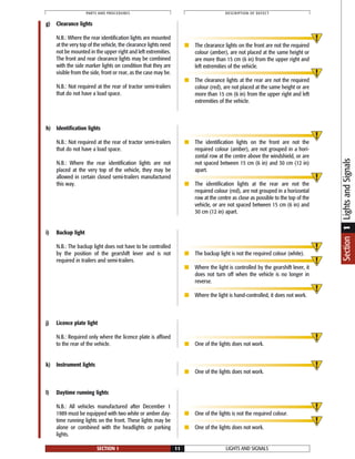 LIGHTS AND SIGNALSSECTION 1 11
PARTS AND PROCEDURES DESCRIPTION OF DEFECT
g) Clearance lights
N.B.: Where the rear identification lights are mounted
at the very top of the vehicle, the clearance lights need
not be mounted in the upper right and left extremities.
The front and rear clearance lights may be combined
with the side marker lights on condition that they are
visible from the side, front or rear, as the case may be.
N.B.: Not required at the rear of tractor semi-trailers
that do not have a load space.
■ The clearance lights on the front are not the required
colour (amber), are not placed at the same height or
are more than 15 cm (6 in) from the upper right and
left extremities of the vehicle.
■ The clearance lights at the rear are not the required
colour (red), are not placed at the same height or are
more than 15 cm (6 in) from the upper right and left
extremities of the vehicle.
h) Identification lights
N.B.: Not required at the rear of tractor semi-trailers
that do not have a load space.
N.B.: Where the rear identification lights are not
placed at the very top of the vehicle, they may be
allowed in certain closed semi-trailers manufactured
this way.
■ The identification lights on the front are not the
required colour (amber), are not grouped in a hori-
zontal row at the centre above the windshield, or are
not spaced between 15 cm (6 in) and 30 cm (12 in)
apart.
■ The identification lights at the rear are not the
required colour (red), are not grouped in a horizontal
row at the centre as close as possible to the top of the
vehicle, or are not spaced between 15 cm (6 in) and
30 cm (12 in) apart.
i) Backup light
N.B.: The backup light does not have to be controlled
by the position of the gearshift lever and is not
required in trailers and semi-trailers.
■ The backup light is not the required colour (white).
■ Where the light is controlled by the gearshift lever, it
does not turn off when the vehicle is no longer in
reverse.
■ Where the light is hand-controlled, it does not work.
j) Licence plate light
N.B.: Required only where the licence plate is affixed
to the rear of the vehicle. ■ One of the lights does not work.
l) Daytime running lights
N.B.: All vehicles manufactured after December 1
1989 must be equipped with two white or amber day-
time running lights on the front. These lights may be
alone or combined with the headlights or parking
lights.
■ One of the lights is not the required colour.
■ One of the lights does not work.
k) Instrument lights
■ One of the lights does not work.
Section1LightsandSignals
 