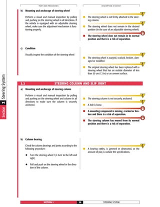 b) Mounting and anchorage of steering wheel
Perform a visual and manual inspection by pulling
and pushing on the steering wheel in all directions. If
the vehicle is equipped with an adjustable steering
wheel, make sure the adjustment mechanism is func-
tioning properly.
■ The steering wheel is not firmly attached to the steer-
ing column.
■ The steering wheel does not remain in the desired
position (in the case of an adjustable steering wheel).
■ The steering wheel does not remain in its normal
position and there is a risk of separation.
c) Condition
Visually inspect the condition of the steering wheel
■ The steering wheel is warped, cracked, broken, dam-
aged or modified.
■ The original steering wheel has been replaced with a
steering wheel that has an outside diameter of less
than 30 cm (12 in) or an uneven surface.
a) Mounting and anchorage of steering column
Perform a visual and manual inspection by pulling
and pushing on the steering wheel and column in all
directions to make sure the column is securely
anchored.
■ The steering column is not securely anchored.
■ A bolt is loose.
■ A mounting component is missing, cracked or bro-
ken and there is a risk of separation.
■ The steering column has moved from its normal
position and there is a risk of separation.
STEERING SYSTEMSECTION 2 20
PARTS AND PROCEDURES DESCRIPTION OF DEFECT
2.2 STEERING COLUMN AND SLIP JOINT
b) Column bearing
Check the column bearings and joints according to the
following procedure:
◆ Turn the steering wheel 1/4 turn to the left and
right;
◆ Pull and push on the steering wheel in the direc-
tion of the column.
■ A bearing rattles, is jammed or obstructed, or the
amount of play is outside the specifications.
Section2SteeringSystem
 