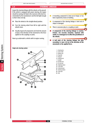 STEERING SYSTEMSECTION 2 22
PARTS AND PROCEDURES DESCRIPTION OF DEFECT
2.4 STEERING LINKAGE
Inspect the steering linkage with the wheels on the ground.
If the vehicle is equipped with power steering, the engine
should be running, the fluid in the reservoir at the level rec-
ommended by the manufacturer and the belt tight enough
so that it does not slip.
◆ Place the wheels in the straight-ahead position.
◆ Turn the steering wheel from left to right until the
wheels move.
◆ Visually inspect all components and check the amount
of play in the direction of the movement or the force
applied on the couplings or joints.
Never go underneath a vehicle with its engine running.
■ A mounting component is bent out of shape or has
been repaired by means of welding.
■ A component of the steering linkage is bent out of
shape or damaged.
■ There is excessive play in a coupling or joint.
■ A component of the steering linkage is cracked,
broken, not securely mounted, repaired with
welds or so damaged as to affect the parallelism of
the wheels.
■ A ball joint of the steering linkage has play
exceeding 3.2 mm (1/8 in) in the direction of the
movement or the applied force.
1.
2.
3.
4.
5.
6.
7.
8.
9.
10.
11.
12.
13.
14.
15.
15
13
12
1
2
3
4
5
6
7
14
11
10
89
Steering box
Sector shaft
Pitman arm
Drag link
King pin
Steering arm
Spindle
Knuckle arm
Tie rod end
Adjusting sleeve
Cross tube
Universal joint
Steering column
Front axel
Rail
Single-axle steering system
Section2SteeringSystem
 