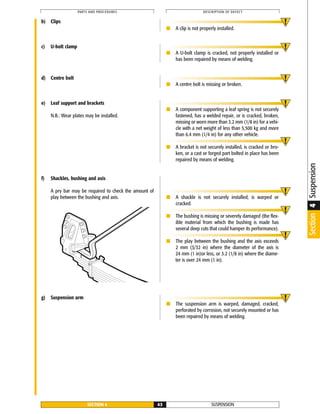 SUSPENSIONSECTION 4 43
PARTS AND PROCEDURES DESCRIPTION OF DEFECT
e) Leaf support and brackets
N.B.: Wear plates may be installed.
■ A component supporting a leaf spring is not securely
fastened, has a welded repair, or is cracked, broken,
missing or worn more than 3.2 mm (1/8 in) for a vehi-
cle with a net weight of less than 5,500 kg and more
than 6.4 mm (1/4 in) for any other vehicle.
■ A bracket is not securely installed, is cracked or bro-
ken, or a cast or forged part bolted in place has been
repaired by means of welding.
b) Clips
■ A clip is not properly installed.
c) U-bolt clamp
■ A U-bolt clamp is cracked, not properly installed or
has been repaired by means of welding.
d) Centre bolt
■ A centre bolt is missing or broken.
f) Shackles, bushing and axis
A pry bar may be required to check the amount of
play between the bushing and axis. ■ A shackle is not securely installed, is warped or
cracked.
■ The bushing is missing or severely damaged (the flex-
ible material from which the bushing is made has
several deep cuts that could hamper its performance).
■ The play between the bushing and the axis exceeds
2 mm (3/32 in) where the diameter of the axis is
24 mm (1 in)or less, or 3.2 (1/8 in) where the diame-
ter is over 24 mm (1 in).
Section4Suspension
g) Suspension arm
■ The suspension arm is warped, damaged, cracked,
perforated by corrosion, not securely mounted or has
been repaired by means of welding.
 