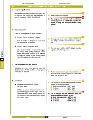 b) Pressure regulator
Check the following while the engine is running:
◆ Pressure at which compressor is stopped
Note the reading on the pressure gauge when
the regulator cuts the pressure.
◆ Pressure at which compressor starts
Place chocks under the wheels and disengage
the parking brake. Quickly depress the service
brakes several times to reduce the air pressure
and take the reading on the pressure gauge
when the regulator starts the compressor.
■ The air pressure is not between 805 and 945 Kpa (115
and 135 psi) when the regulator stops the compres-
sor.
■ The air pressure is below 550 kPa (80 psi) when the
regulator starts the compressor.
BRAKESSECTION 5 54
PARTS AND PROCEDURES DESCRIPTION OF DEFECT
c) Low-pressure warning light or buzzer
Reduce the air pressure in the system to below 380
kPa (55 psi) and check to see if the warning light or
buzzer goes on or sounds. ■ The low-pressure warning light or buzzer is missing or
does not activate when the air pressure in the system
is less than 380 kPa (55 psi).
d) Air pressure
◆ Check the air pressure while applying
the service brake
With the air pressure at its maximum, the park-
ing brake disengaged and the engine turned off,
depress the service brake as far as possible for
one minute and then read the pressure loss on
the pressure gauge.
■ The air pressure loss after the service brake has been
applied for one minute exceeds:
■ single-unit road vehicle: 20 kPa (3 psi)
■ 2 vehicles: 28 kPa (4 psi)
■ 3 vehicles: 35 kPa (5 psi).
■ The air pressure loss after the service brake has
been applied for one minute exceeds:
■ single-unit road vehicle: 40 kPa (6 psi)
■ 2 vehicles: 48 kPa (7 psi)
■ 3 vehicles: 62 kPa (9 psi).
a) Compressor performance
Reduce the air pressure to below 350 kPa (50 psi). Rev
the engine to 1200 rpm and note how long it takes to
raise the pressure to 350-620 kPa (50-90 psi).
■ It takes longer than 3 minutes.
■ The compressor is unable to reach or maintain a
minimum pressure of 620 kPa (90 psi) when the
engine is idling and the service brake is fully
applied.
5.6 WORKING ORDER OF AIR BRAKING SYSTEM
Section5Brakes
 