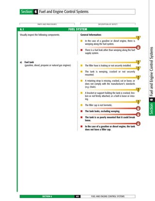FUEL AND ENGINE CONTROL SYSTEMSSECTION 6 63
Visually inspect the following components: General Information:
■ In the case of a gasoline or diesel engine, there is
weeping along the fuel system.
■ There is a fuel leak other than weeping along the fuel
supply system.
PARTS AND PROCEDURES DESCRIPTION OF DEFECT
Section 6 Fuel and Engine Control Systems
6.1 FUEL SYSTEM
a) Fuel tank
(gasoline, diesel, propane or natural gas engines) ■ The filler hose is leaking or not securely installed.
■ The tank is weeping, cracked or not securely
mounted.
■ A retaining strap is missing, cracked, cut or loose, or
does not comply with the manufacturer’s standards
(e.g. chain).
■ A bracket or support holding the tank is cracked, bro-
ken or not firmly attached, or a bolt is loose or miss-
ing.
■ The filler cap is not hermetic.
■ The tank leaks, excluding weeping.
■ The tank is so poorly mounted that it could break
loose.
■ In the case of a gasoline or diesel engine, the tank
does not have a filler cap.
Section6FuelandEngineControlSystems
 
