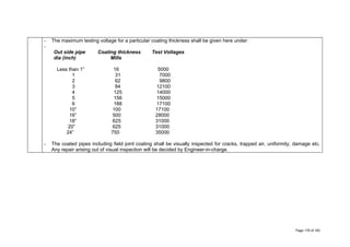 - The maximum testing voltage for a particular coating thickness shall be given here under:
-
Out side pipe Coating thickness Test Voltages
dia (inch) Mills
Less than 1” 16 5000
1 31 7000
2 62 9800
3 84 12100
4 125 14000
5 156 15000
6 188 17100
10” 100 17100
16” 500 28000
18” 625 31000
20” 625 31000
24” 750 35000
- The coated pipes including field joint coating shall be visually inspected for cracks, trapped air, uniformity, damage etc.
Any repair arising out of visual inspection will be decided by Engineer-in-charge.
Page 178 of 183
 