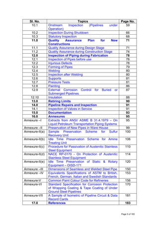 Sl. No. Topics Page No.
10.1 Onstream Inspection (Pipelines under
Operation)
59
10.2 Inspection During Shutdown 66
10.3 Statutory Inspection 68
11.0 Quality Assurance Plan for New
Constructions
71
11.1 Quality Assurance during Design Stage 71
11.2 Quality Assurance during Construction Stage 74
12.0 Inspection of Piping during Fabrication 78
12.1 Inspection of Pipes before use 78
12.2 Injurious Defects 78
12.3 Forming of Pipes 79
12.4 Welding 80
12.5 Inspection after Welding 80
12.6 Supports 81
12.7 Pressure Tests 81
12.8 Painting 86
12.9 External Corrosion Control for Buried or
Submerged Pipelines
87
12.10 Insulation 88
13.0 Retiring Limits 90
14.0 Pipeline Repairs and Inspection 91
14.1 Inspection of Valves in Service 91
15.0 Documentation 93
16.0 Annexures 95
Annexure –I Extracts from ANSI/ ASME B 31.4.1979 – On
Liquid Petroleum Transportation Piping Systems
95
Annexure –II Preservation of New Pipes in Ware House 99
Annexure-II(a) Sample Preservation Scheme for Sulfur
Recovery Unit
100
Annexure-II(b) Idle Time Preservation Scheme for Amine
Treating Unit
106
Annexure-II(c) Procedure for Passivation of Austenitic Stainless
Steel Equipment
110
Annexure-II(d) NACE RP-0170 - On Protection of Austenitic
Stainless Steel Equipment
114
Annexure-II(e) Idle Time Preservation of Static & Rotary
Equipment – OISD-171
120
Annexure –III Dimensions of Seamless and Welded Steel Pipe 150
Annexure –IV Equivalents Specifications of ASTM to British,
French, German, Italian and Swedish Standards
153
Annexure-V Common Paint Colour Code for Refineries 156
Annexure-VI Standard Specification for Corrosion Protection
of Wrapping Coating & Tape Coating of Under
Ground Steel Pipelines
170
Annexure-VII A Sample of Isometric of Pipeline Circuit & Data
Record Cards
181
17.0 References 183
Page 5 of 183
 