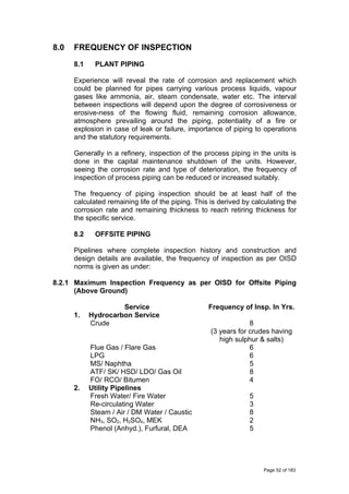 8.0 FREQUENCY OF INSPECTION
8.1 PLANT PIPING
Experience will reveal the rate of corrosion and replacement which
could be planned for pipes carrying various process liquids, vapour
gases like ammonia, air, steam condensate, water etc. The interval
between inspections will depend upon the degree of corrosiveness or
erosive-ness of the flowing fluid, remaining corrosion allowance,
atmosphere prevailing around the piping, potentiality of a fire or
explosion in case of leak or failure, importance of piping to operations
and the statutory requirements.
Generally in a refinery, inspection of the process piping in the units is
done in the capital maintenance shutdown of the units. However,
seeing the corrosion rate and type of deterioration, the frequency of
inspection of process piping can be reduced or increased suitably.
The frequency of piping inspection should be at least half of the
calculated remaining life of the piping. This is derived by calculating the
corrosion rate and remaining thickness to reach retiring thickness for
the specific service.
8.2 OFFSITE PIPING
Pipelines where complete inspection history and construction and
design details are available, the frequency of inspection as per OISD
norms is given as under:
8.2.1 Maximum Inspection Frequency as per OISD for Offsite Piping
(Above Ground)
Service Frequency of Insp. In Yrs.
1. Hydrocarbon Service
Crude 8
(3 years for crudes having
high sulphur & salts)
Flue Gas / Flare Gas 6
LPG 6
MS/ Naphtha 5
ATF/ SK/ HSD/ LDO/ Gas Oil 8
FO/ RCO/ Bitumen 4
2. Utility Pipelines
Fresh Water/ Fire Water 5
Re-circulating Water 3
Steam / Air / DM Water / Caustic 8
NH3, SO2, H2SO4, MEK 2
Phenol (Anhyd.), Furfural, DEA 5
Page 52 of 183
 