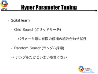 Hyper Parameter Tuning
? Scikit learn
? Grid Search(åɥ`)
? ѥ`ޤκaνMߺϤ碌ԇ?
? Random Search(̽)
 ץɤޤtʤ
 