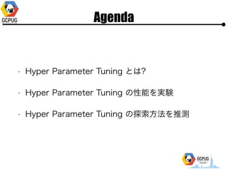 Agenda
? Hyper Parameter Tuning Ȥ?
? Hyper Parameter Tuning ܤgY
? Hyper Parameter Tuning ̽?Ɯy
 
