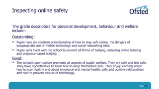 Inspecting online safety
The grade descriptors for personal development, behaviour and welfare
include:
Outstanding:
 Pupils have an excellent understanding of how to stay safe online, the dangers of
inappropriate use of mobile technology and social networking sites.
 Pupils work hard with the school to prevent all forms of bullying, including online bullying
and prejudice-based bullying
Good:
 The school’s open culture promotes all aspects of pupils’ welfare. They are safe and feel safe.
They have opportunities to learn how to keep themselves safe. They enjoy learning about
how to stay healthy and about emotional and mental health, safe and positive relationships
and how to prevent misuse of technology.
Slide 18
 