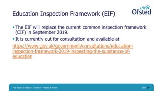 Education Inspection Framework (EIF)
 The EIF will replace the current common inspection framework
(CIF) in September 2019.
 It is currently out for consultation and available at
https://www.gov.uk/government/consultations/education-
inspection-framework-2019-inspecting-the-substance-of-
education
This footer is edited in >Insert > Header & Footer Slide 19
 
