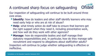 A continued sharp focus on safeguarding
Our inspection of safeguarding will continue to be built around three
core areas.
 Identify: how do leaders and other staff identify learners who may
need early help or who are at risk of abuse?
 Help: what timely action do staff take to ensure that learners get
the right support when they need it, including preventative work,
and how well do they work with other agencies?
 Manage: how do responsible bodies and staff manage their
statutory responsibilities and, in particular, how do they manage safe
recruitment and respond to allegations about staff/other adults?
Inspectors will continue to judge whether safeguarding is effective or
ineffective.
Consultation on the Education inspection framework 2019 Slide 21
 
