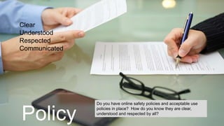 Policy
Clear
Understood
Respected
Communicated
Do you have online safety policies and acceptable use
policies in place? How do you know they are clear,
understood and respected by all?
 