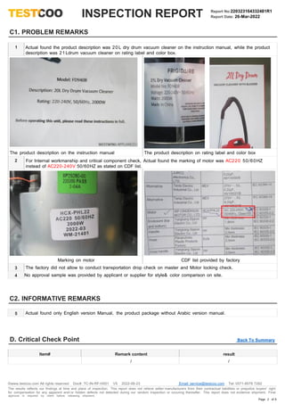 Comprehensive Inspection Report for Drum Type Vacuum Cleaner Quality ...