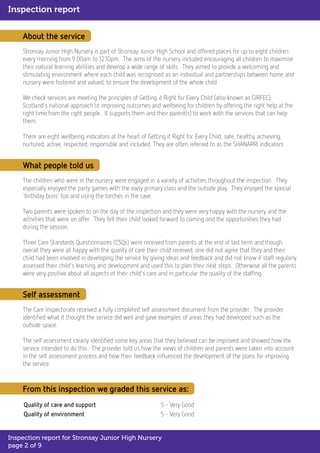 About the service
Stronsay Junior High Nursery is part of Stronsay Junior High School and offered places for up to eight children
every morning from 9.00am to 12.10pm. The aims of the nursery included encouraging all children to maximise
their natural learning abilities and develop a wide range of skills. They aimed to provide a welcoming and
stimulating environment where each child was recognised as an individual and partnerships between home and
nursery were fostered and valued, to ensure the development of the whole child.
We check services are meeting the principles of Getting it Right for Every Child (also known as GIRFEC).
Scotland's national approach to improving outcomes and wellbeing for children by offering the right help at the
right time from the right people. It supports them and their parent(s) to work with the services that can help
them.
There are eight wellbeing indicators at the heart of Getting it Right for Every Child: safe, healthy, achieving,
nurtured, active, respected, responsible and included. They are often referred to as the SHANARRI indicators
What people told us
The children who were in the nursery were engaged in a variety of activities throughout the inspection. They
especially enjoyed the party games with the early primary class and the outside play. They enjoyed the special
'birthday buns' too and using the torches in the cave.
Two parents were spoken to on the day of the inspection and they were very happy with the nursery and the
activities that were on offer. They felt their child looked forward to coming and the opportunities they had
during the session.
Three Care Standards Questionnaires (CSQs) were received from parents at the end of last term and though
overall they were all happy with the quality of care their child received, one did not agree that they and their
child had been involved in developing the service by giving ideas and feedback and did not know if staff regularly
assessed their child's learning and development and used this to plan their next steps. Otherwise all the parents
were very positive about all aspects of their child's care and in particular the quality of the staffing.
Self assessment
The Care Inspectorate received a fully completed self assessment document from the provider. The provider
identified what it thought the service did well and gave examples of areas they had developed such as the
outside space.
The self assessment clearly identified some key areas that they believed can be improved and showed how the
service intended to do this. The provider told us how the views of children and parents were taken into account
in the self assessment process and how their feedback influenced the development of the plans for improving
the service.
From this inspection we graded this service as:
Quality of care and support 5 - Very Good
Quality of environment 5 - Very Good
Inspection report
Inspection report for Stronsay Junior High Nursery
page 2 of 9
 