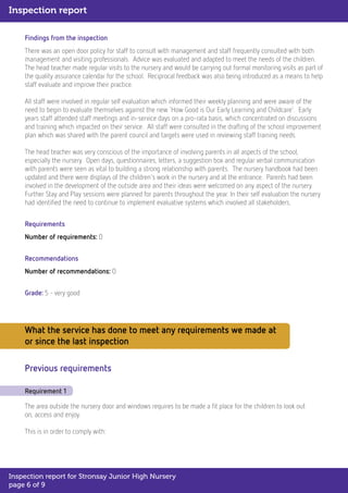 Findings from the inspection
There was an open door policy for staff to consult with management and staff frequently consulted with both
management and visiting professionals. Advice was evaluated and adapted to meet the needs of the children.
The head teacher made regular visits to the nursery and would be carrying out formal monitoring visits as part of
the quality assurance calendar for the school. Reciprocal feedback was also being introduced as a means to help
staff evaluate and improve their practice.
All staff were involved in regular self evaluation which informed their weekly planning and were aware of the
need to begin to evaluate themselves against the new 'How Good is Our Early Learning and Childcare'. Early
years staff attended staff meetings and in-service days on a pro-rata basis, which concentrated on discussions
and training which impacted on their service. All staff were consulted in the drafting of the school improvement
plan which was shared with the parent council and targets were used in reviewing staff training needs.
The head teacher was very conscious of the importance of involving parents in all aspects of the school,
especially the nursery. Open days, questionnaires, letters, a suggestion box and regular verbal communication
with parents were seen as vital to building a strong relationship with parents. The nursery handbook had been
updated and there were displays of the children's work in the nursery and at the entrance. Parents had been
involved in the development of the outside area and their ideas were welcomed on any aspect of the nursery.
Further Stay and Play sessions were planned for parents throughout the year. In their self evaluation the nursery
had identified the need to continue to implement evaluative systems which involved all stakeholders.
Requirements
Number of requirements: 0
Recommendations
Number of recommendations: 0
Grade: 5 - very good
Previous requirements
Requirement 1
The area outside the nursery door and windows requires to be made a fit place for the children to look out
on, access and enjoy.
This is in order to comply with:
What the service has done to meet any requirements we made at
or since the last inspection
Inspection report
Inspection report for Stronsay Junior High Nursery
page 6 of 9
 