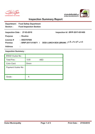 Inspection summary report of desi lunch box converted