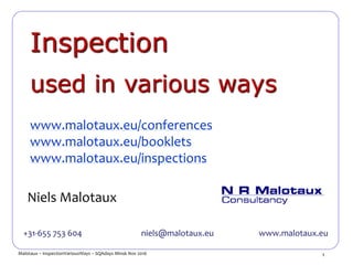 1Malotaux – InspectionVariousWays – SQAdays Minsk Nov 2016
Niels Malotaux
+31-655 753 604 niels@malotaux.eu www.malotaux.eu
Inspection
used in various ways
www.malotaux.eu/conferences
www.malotaux.eu/booklets
www.malotaux.eu/inspections
 