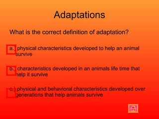 Adaptations What is the correct definition of adaptation? a.) physical characteristics developed to help an animal survive b.) characteristics developed in an animals life time that help it survive c.) physical and behavioral characteristics developed over generations that help animals survive  