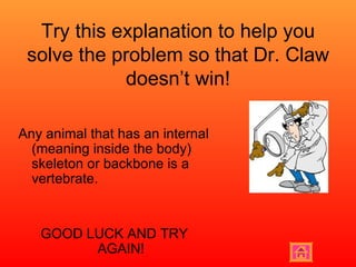 Try this explanation to help you solve the problem so that Dr. Claw doesn’t win! Any animal that has an internal (meaning inside the body) skeleton or backbone is a vertebrate.  GOOD LUCK AND TRY AGAIN! 